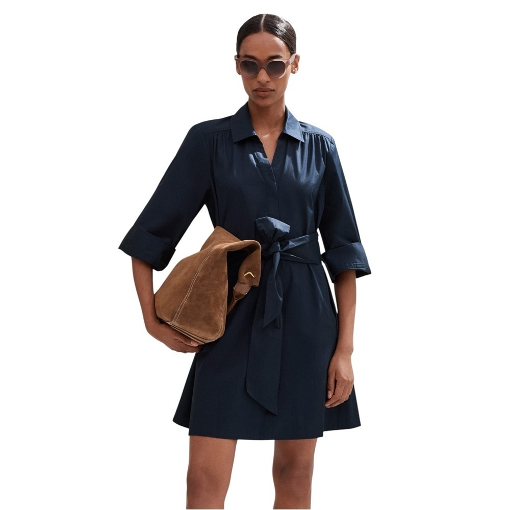 ME+EM NWT Belted‎ Cotton Poplin Swing Dress in Navy Eclipse 14